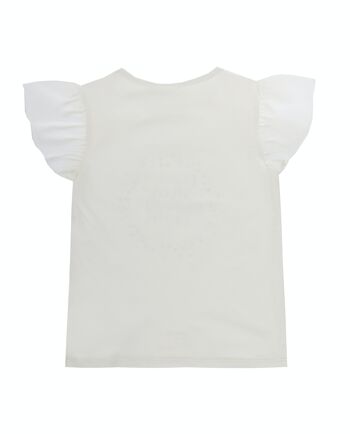 T-shirt blanc fille en jersey simple de coton stretch, manches courtes à volants, imprimé devant. (2a-16a) 2