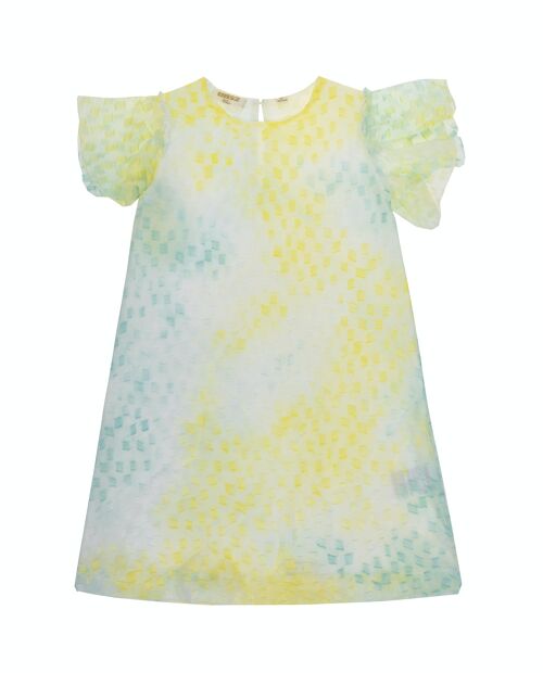 Vestido de niña en color blanco con efecto tie dye en turquesa y amarillo claro, manga corta. (2y-16y)