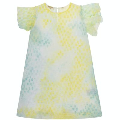 Vestido de niña en color blanco con efecto tie dye en turquesa y amarillo claro, manga corta. (2y-16y)