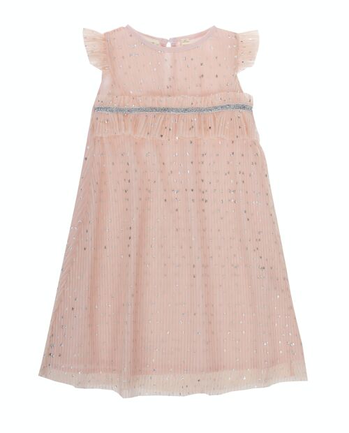 Vestido de niña en tul plisado rosa con estrellas color plata, manga muy corta. (2y-16y)