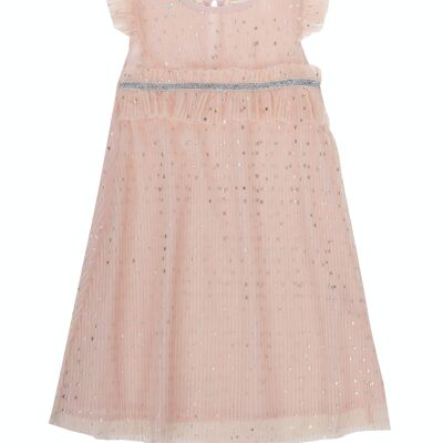 Vestido de niña en tul plisado rosa con estrellas color plata, manga muy corta. (2y-16y)