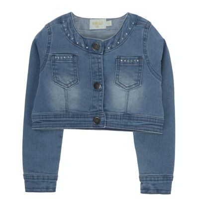 Bolero da bambina in denim superflex in cotone blu medio, manica lunga. (2a-16a)