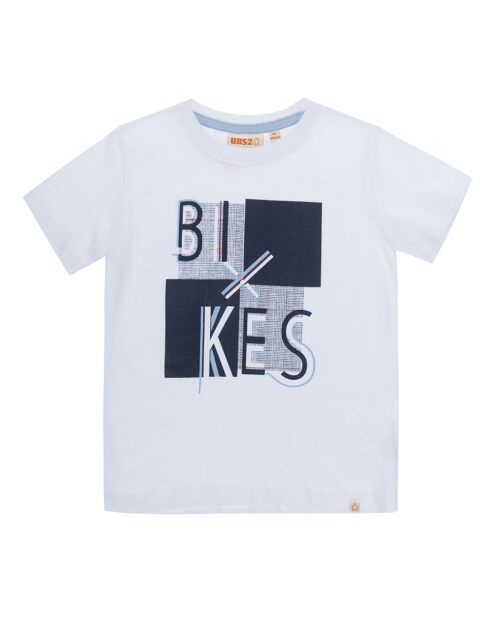 Camiseta de niño en punto liso de algodón color blanco, manga corta, estampado delante.    (2y-16y)