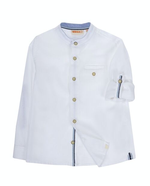 Camisa de niño en lino/algodón color blanco, cuello mao, manga larga. (2y-16y)