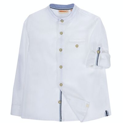 Camisa de niño en lino/algodón color blanco, cuello mao, manga larga. (2y-16y)