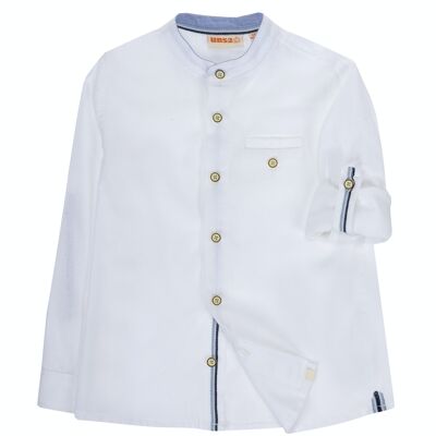 Chemise garçon blanche en lin/coton, col Mao, manches longues. (2a-16a)