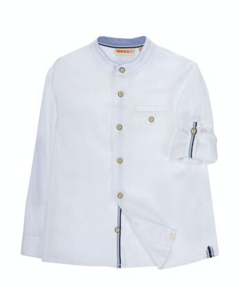 Chemise garçon blanche en lin/coton, col Mao, manches longues. (2a-16a) 1