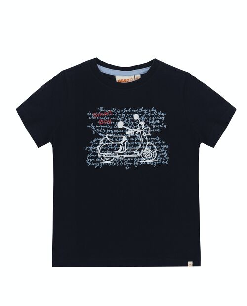 Camiseta de niño en punto liso de algodón color azul marino, manga corta, estampado delante. (2y-16y)