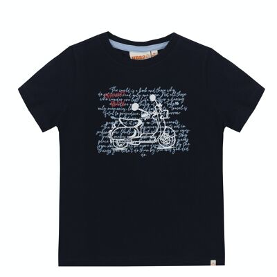 Marineblaues Jungen-T-Shirt aus Single-Jersey-Baumwolle, kurze Ärmel, Aufdruck auf der Vorderseite. (2-16 Jahre)