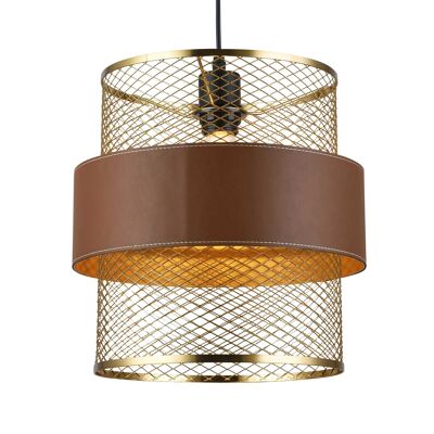Cylindrical pendant light in gold metal and brown faux leather Accore