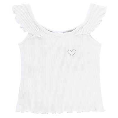 Girl's white ribbed stretch cotton T-shirt. Ruffled suspenders. (2y-16y)