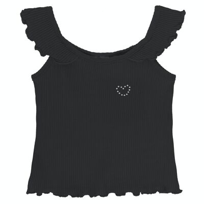 T-shirt da bambina in cotone elasticizzato a costine fucsia. Bretelle arruffate. (2a-16a)
