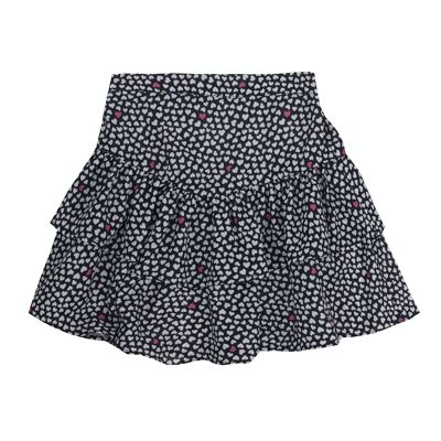 Girl's short skirt with black and fuchsia printed crepe fabric on a white background, double flounce. (2y-16y)