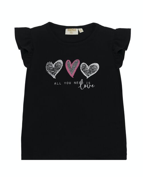 Camiseta de niña en punto liso elástico de algodón color negro, manga corta, estampado corazones delante. (2y-16y)