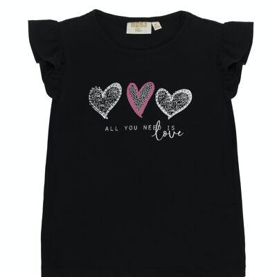 Camiseta de niña en punto liso elástico de algodón color negro, manga corta, estampado corazones delante. (2y-16y)