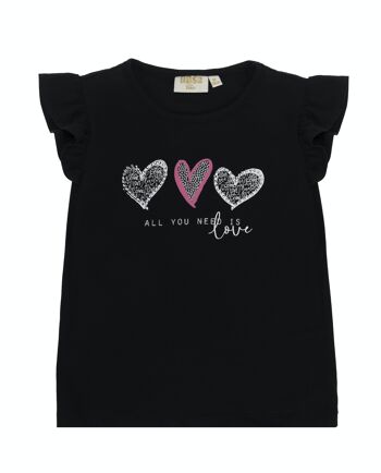 T-shirt noir fille en jersey simple de coton stretch, manches courtes, imprimé coeurs devant. (2a-16a) 1