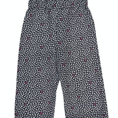 Pantalone culotte da bambina con tessuto crêpe stampato nero e fucsia su fondo bianco. (2a-16a)