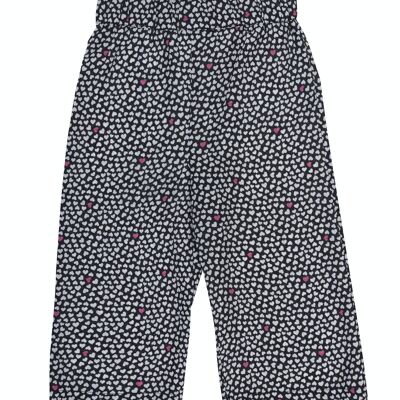 Girl's culotte trousers with black and fuchsia printed crepe fabric on a white background. (2y-16y)