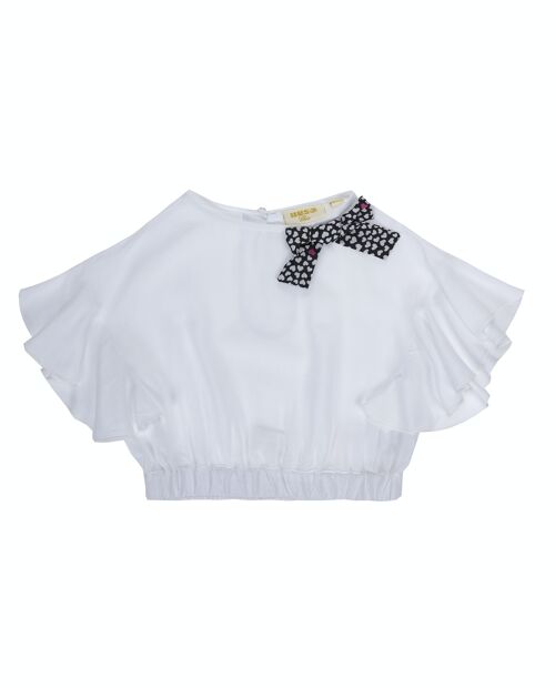 Blusa de niña en viscosa color blanco, goma en cintura, manga corta de volante. (2y-16y)