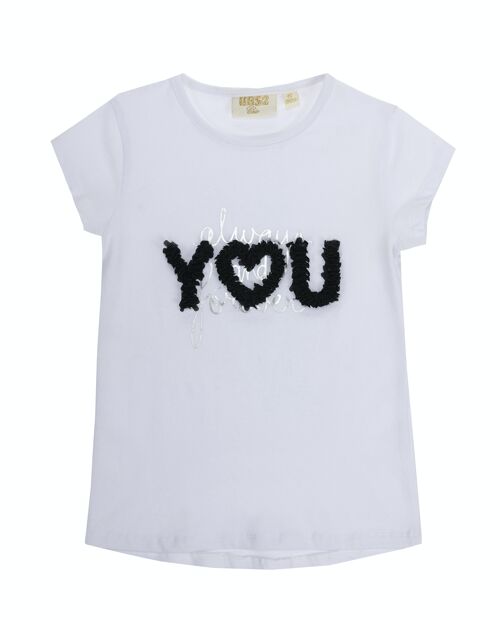 Camiseta de niña en punto liso elástico de algodón color blanco, manga corta, estampado delante.     (2y-16y)             