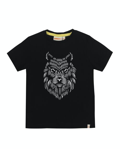 Camiseta de niño en punto liso de algodón color negro , manga corta, estampado delante . (2y-16y)