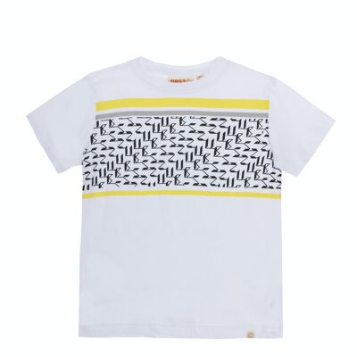 Camiseta de niño en punto liso de algodón color blanco,manga corta, estampado delante. (2y-16y)