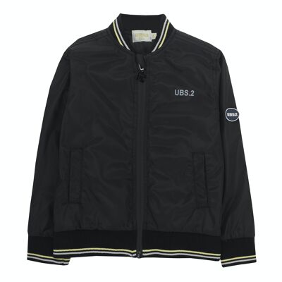 Boy's black jacket, long sleeves, bomber collar, logo print on the front. (2y-16y)