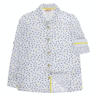 White cotton boy's shirt with micro print, long sleeves. (2y-16y)