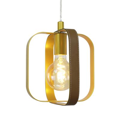 Maty 1-light pendant lamp in gold metal and brown faux leather