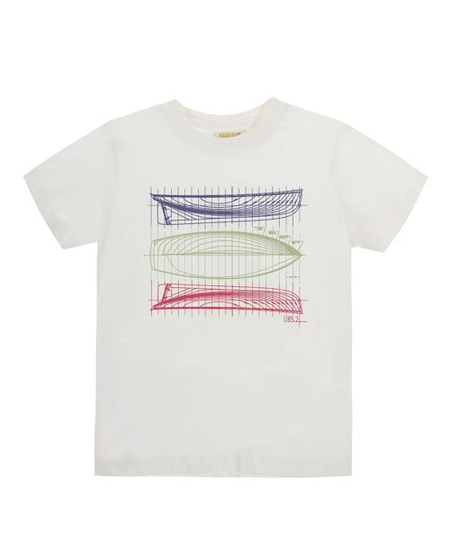 Camiseta de niño en punto liso de algodón color blanco, manga corta,  estampado delante. (2y-16y)