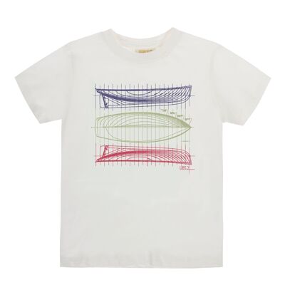 Camiseta de niño en punto liso de algodón color blanco, manga corta,  estampado delante. (2y-16y)