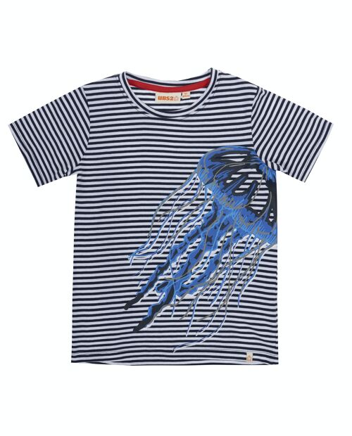 Camiseta de niño en punto algodón listado color azul marino y blanco, manga corta, estampado delante. (2y-16y)