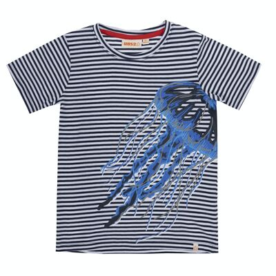 Navy blue and white striped cotton jersey boy's T-shirt, short sleeves, print on the front. (2y-16y)