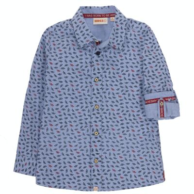 Camisa de niño de algodón falso liso azul con estampado barcos, manga larga. (2y-16y)