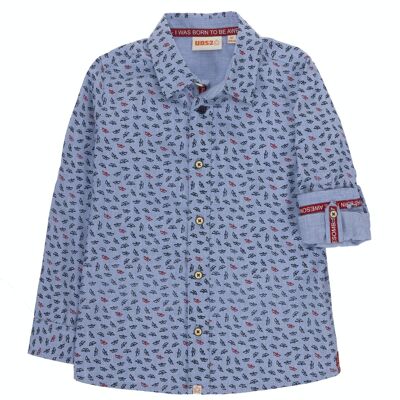 Camicia da bambino blu in finto cotone tinta unita con stampa barchette, manica lunga. (2a-16a)