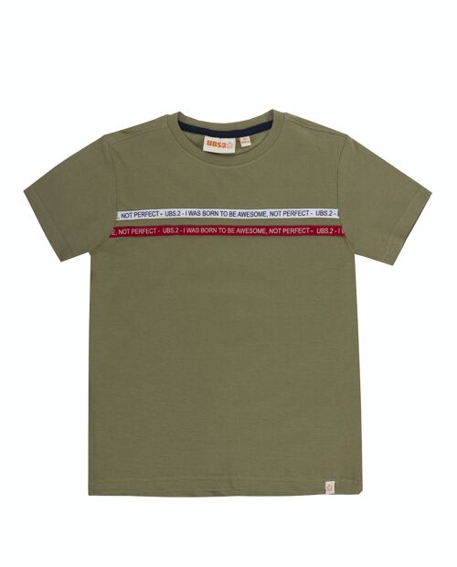 Camiseta de niño en punto liso de algodón en kaki, manga corta, estampado delante . (2y-16y)
