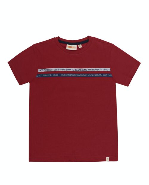 Camiseta de niño en punto liso de algodón en rojo, manga corta,  estampado delante . (2y-16y)