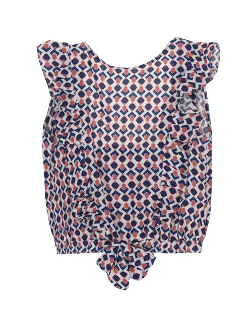 Blusa de niña en viscosa ecológica color blanco con estampado en color coral y azul marino, goma en cintura, manga corta de volante. (2y-16y)