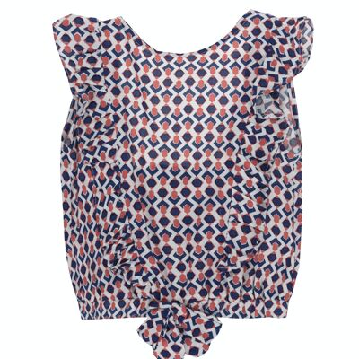 Blouse fille blanche en viscose bio imprimé corail et bleu marine, taille élastiquée, manches courtes volantées. (2a-16a)