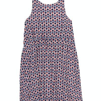 Girl's dress in white organic viscose with coral and navy blue print, elasticated waist, straps. (2y-16y)