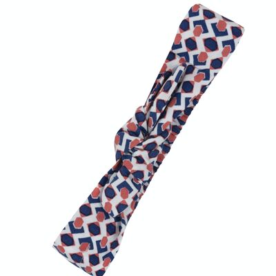 Girl's ruffled headband in white organic viscose with coral and navy blue print.(U)