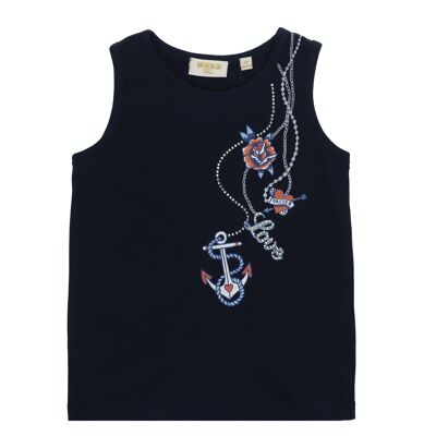 Camiseta de niña en punto liso elástico de algodón azul marino, tirantes anchos, estampado delante. (2y-16y)