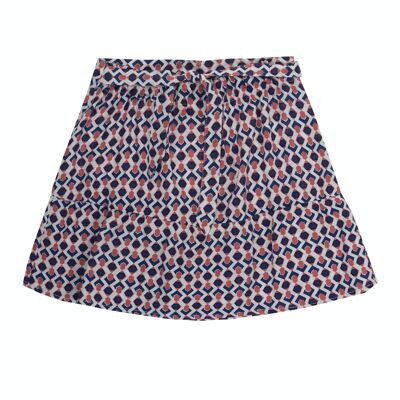 Girl's short skirt in white organic viscose with coral and navy blue print, short inside. (2y-16y)