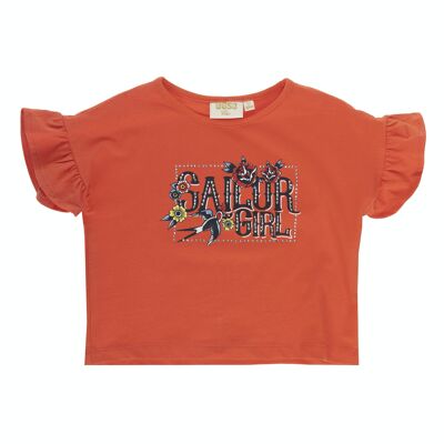 T-shirt da bambina in cotone single jersey stretch color corallo, maniche corte con balze, stampa davanti. (2a-16a)