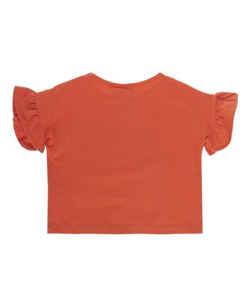 T-shirt fille en jersey de coton stretch couleur corail, manches courtes à volants, imprimé devant. (2a-16a) 2