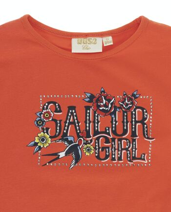 T-shirt fille en jersey de coton stretch couleur corail, manches courtes à volants, imprimé devant. (2a-16a) 3