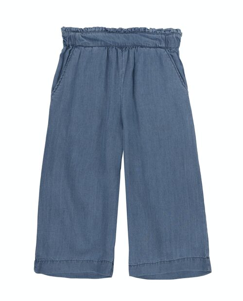 Pantalón culotte de niña de algodón color azul medio, bolsillos delante. (2y-16y)