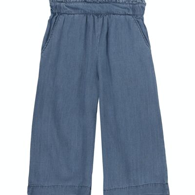 Girl's medium blue cotton culotte trousers, front pockets. (2y-16y)
