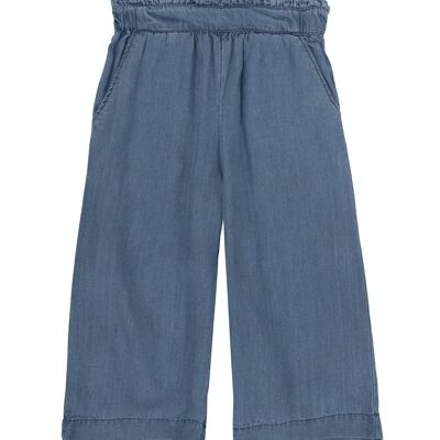 Pantalón culotte de niña de algodón color azul medio, bolsillos delante. (2y-16y)