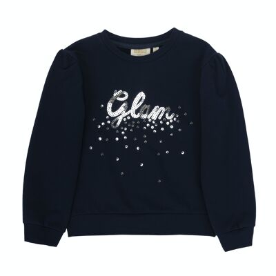 Girl's navy blue stretch cotton fleece sweatshirt, long sleeves, embroidery on the front. (2y-16y)
